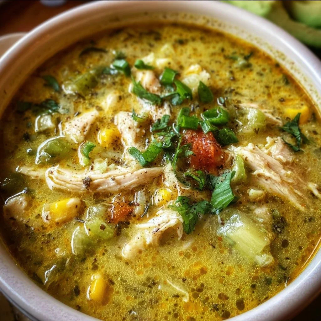 Bowl of Green Chicken Enchilada Soup garnished with cilantro and cheese