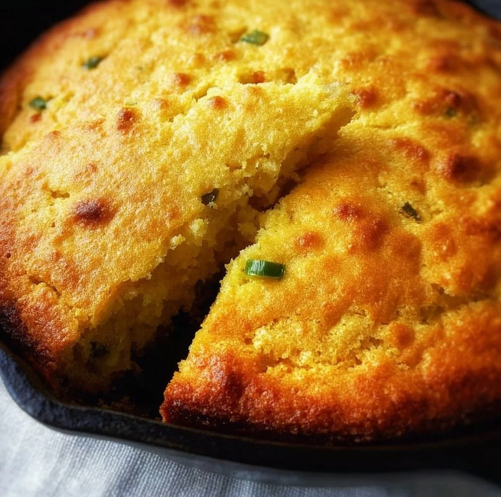 Delicious green chile cheddar cornbread served on a rustic wooden table