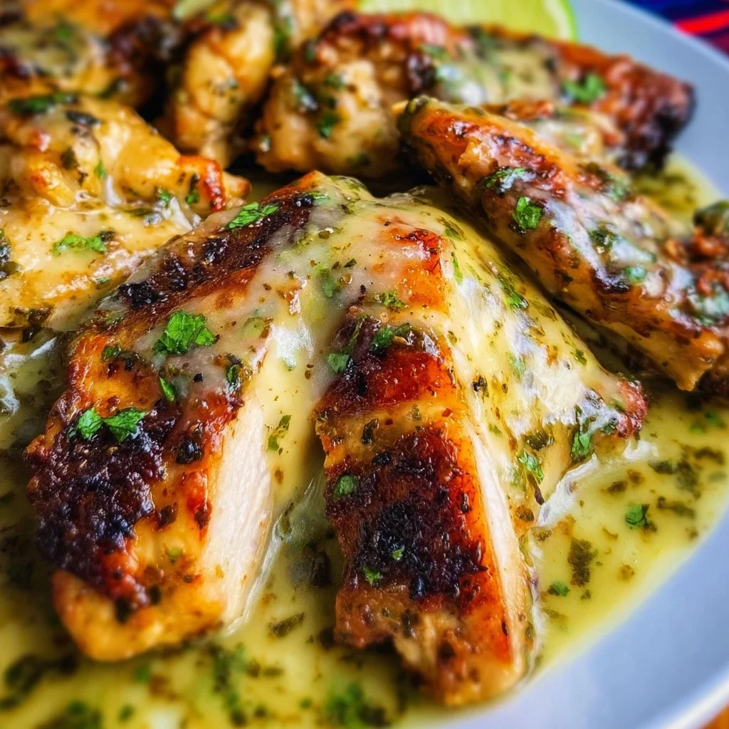 Delicious green sauce chicken served with fresh herbs and vegetables