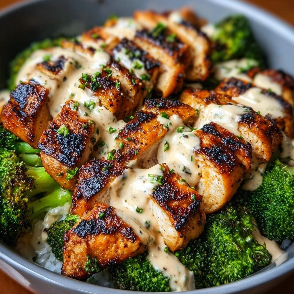Grilled chicken and broccoli bowls topped with creamy garlic sauce