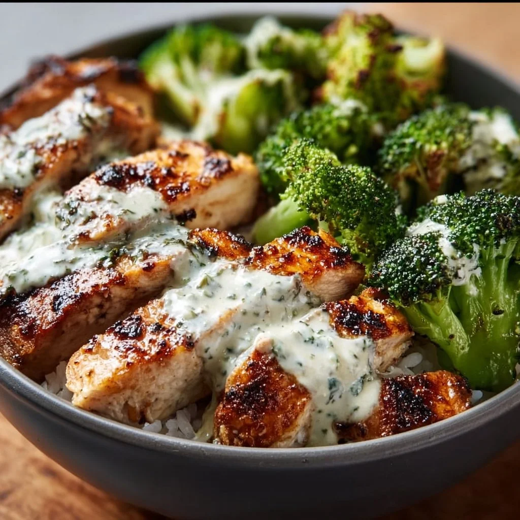 Grilled chicken broccoli bowls with creamy garlic sauce