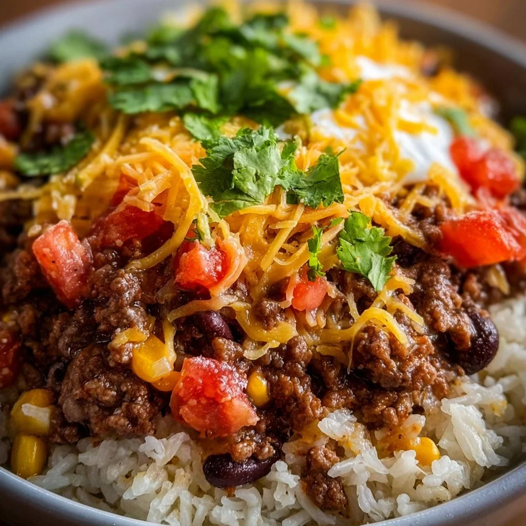 Savory ground beef burrito bowl with fresh toppings and ingredients