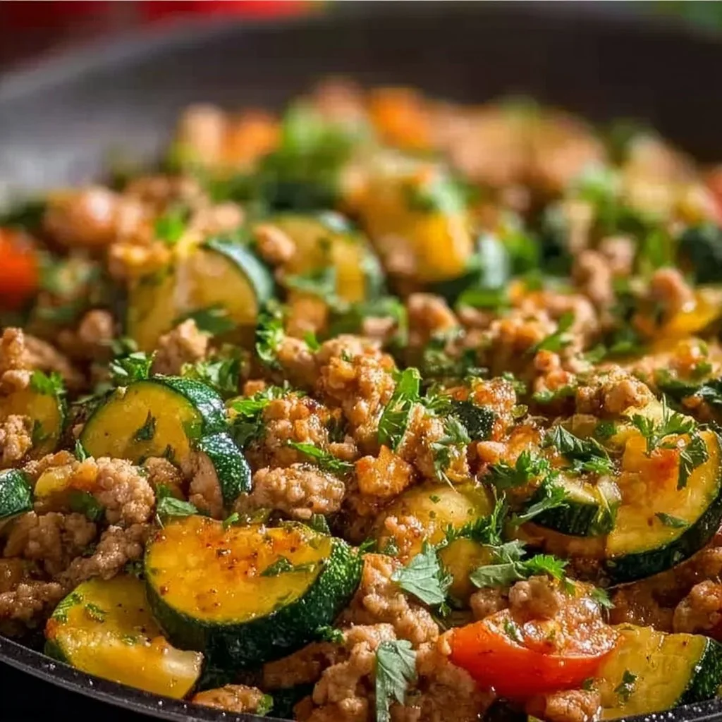 Ground Turkey and Zucchini Skillet dish served in a pan with fresh herbs