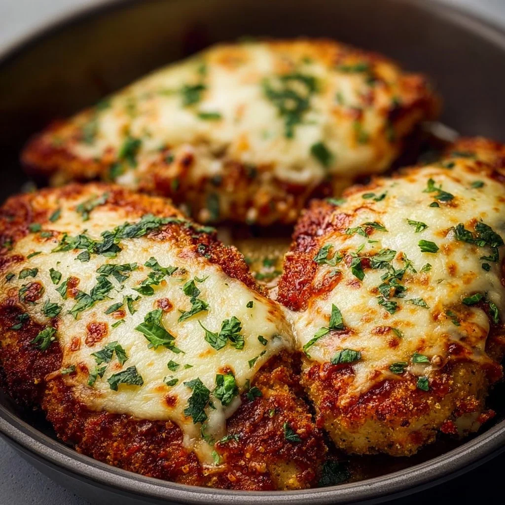 Guilt-free air fryer chicken parmesan served with cheese and herbs