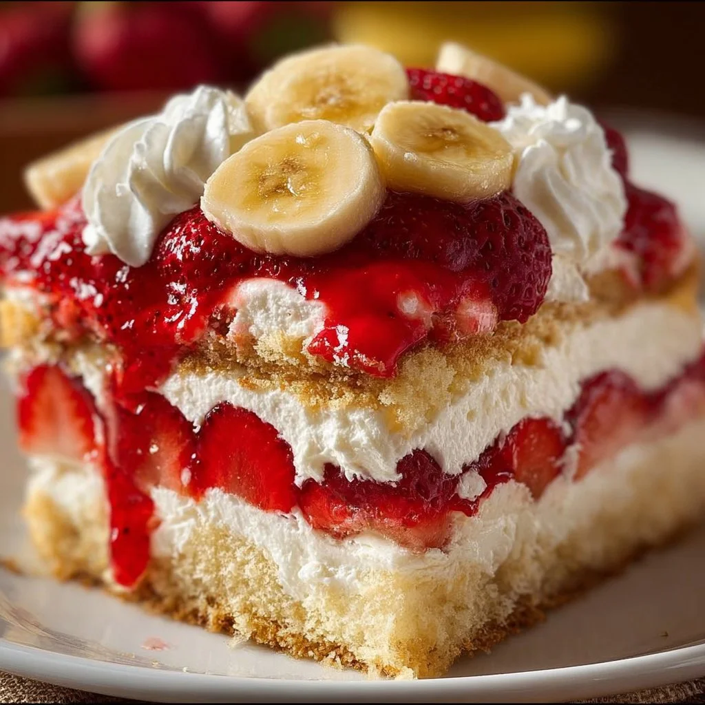 Half Strawberry Shortcake Half Banana Pudding Cake layered dessert