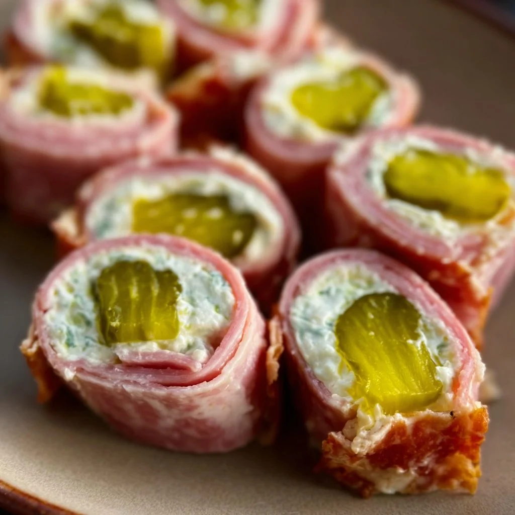 Ham and pickle roll-ups with cream cheese on a serving platter