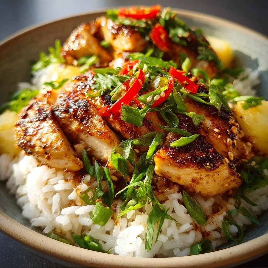 Plate of Hawaiian Chicken served with fluffy coconut rice