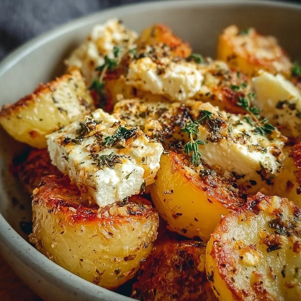 Healthy baked feta potatoes served with herbs and spices