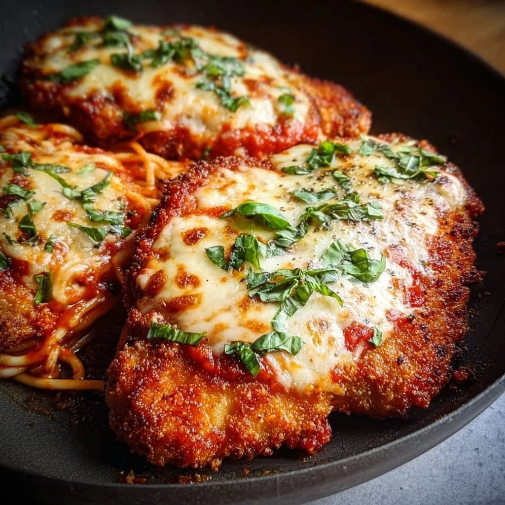 Healthy chicken parmesan recipe topped with fresh basil and marinara sauce