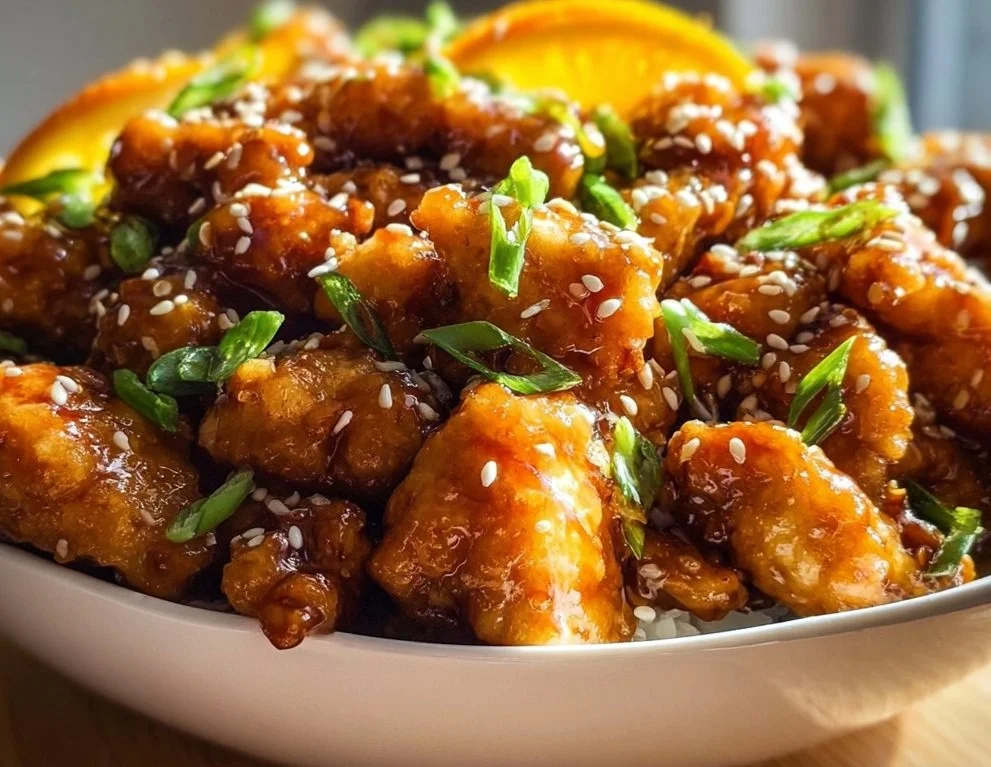 Healthy orange chicken recipe with vibrant orange sauce and veggies