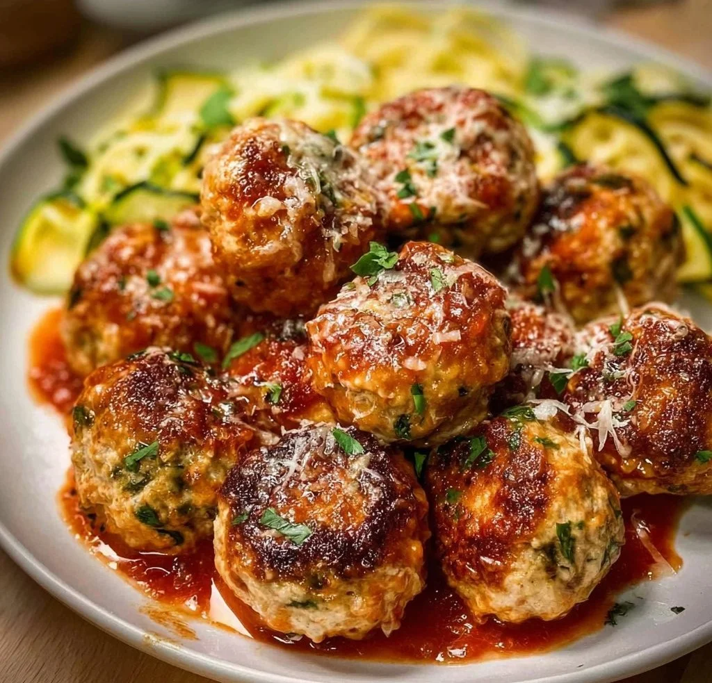Healthy turkey ricotta meatballs served with sauce and herbs