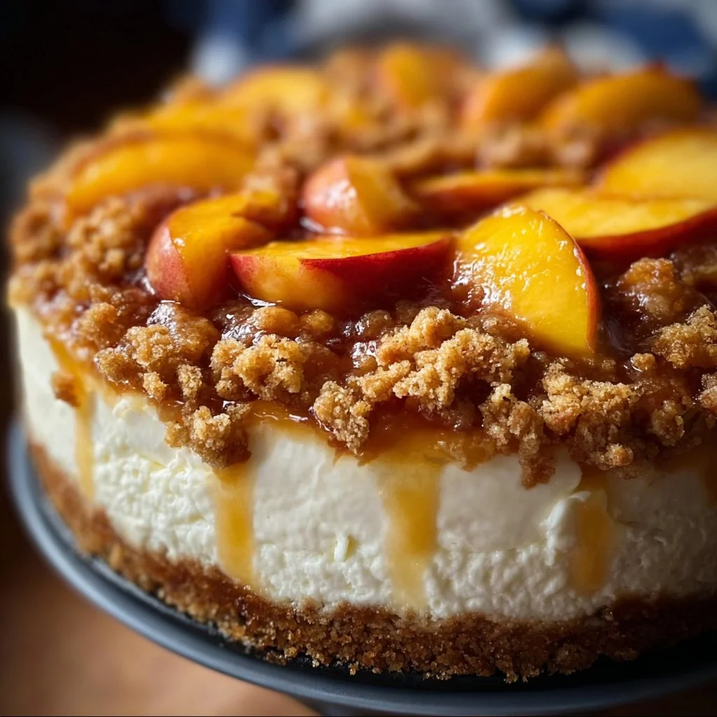 Slice of Heavenly Peach Cobbler Cheesecake topped with fresh peaches