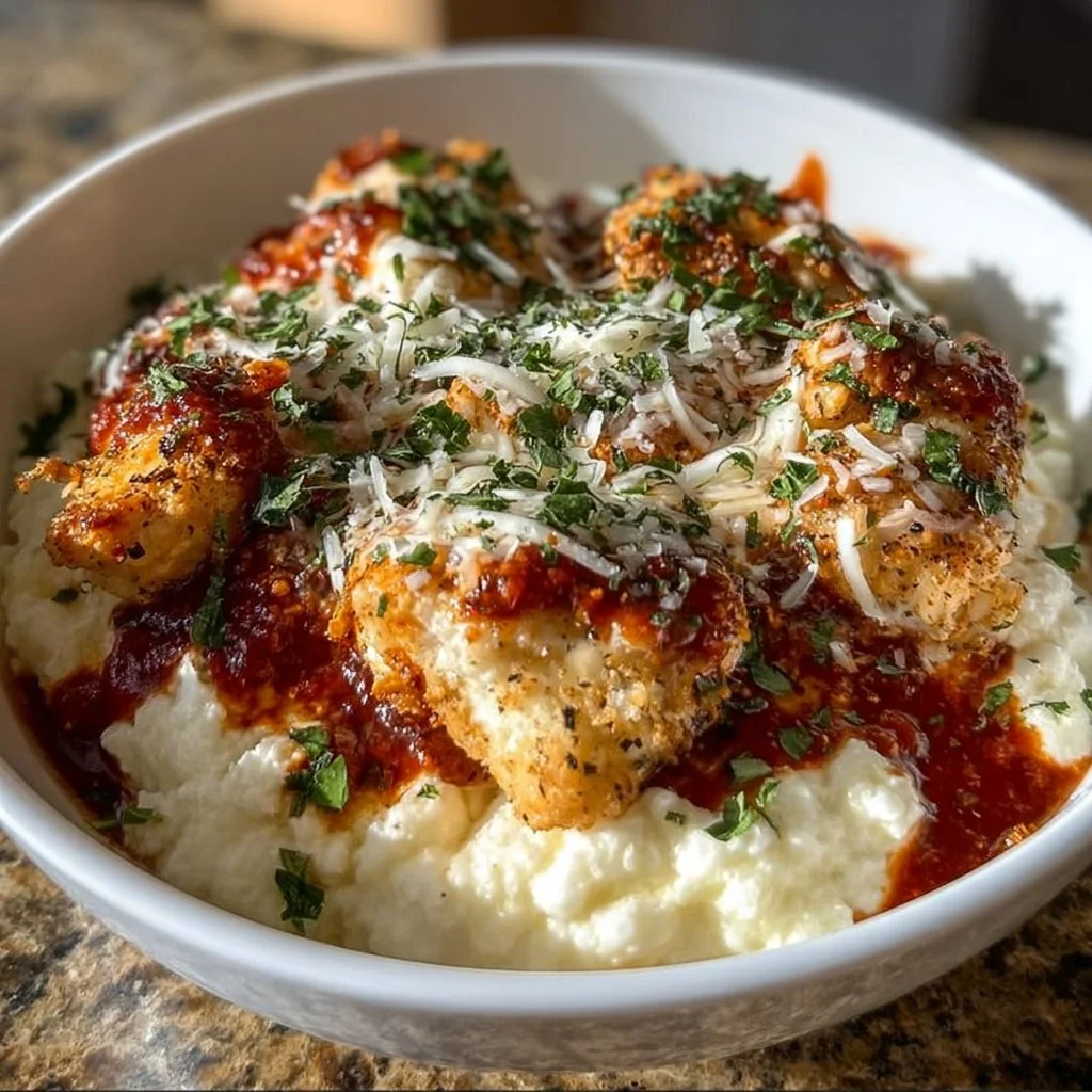 High Protein Chicken Parm Cottage Cheese Bowl topped with fresh basil