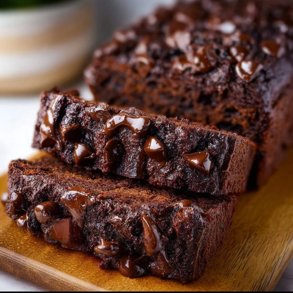 High-protein chocolate banana bread slices on a wooden cutting board