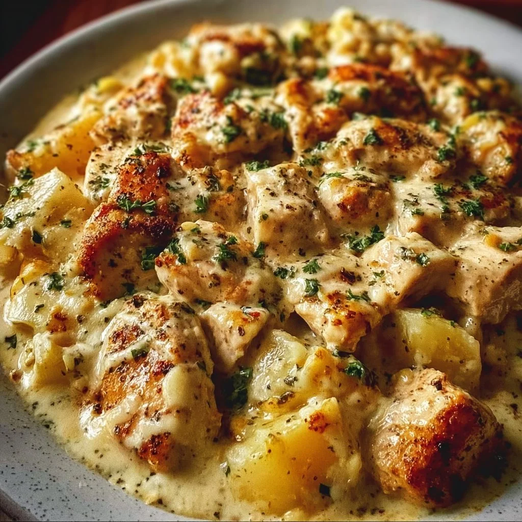 Creamy garlic cheesy chicken served with potatoes on a plate