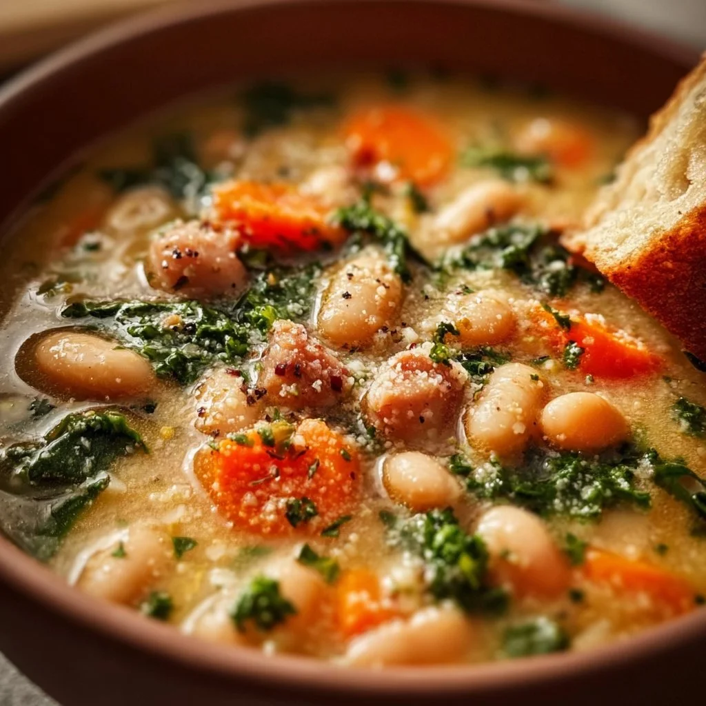 Bowl of high protein white bean soup garnished with herbs and spices