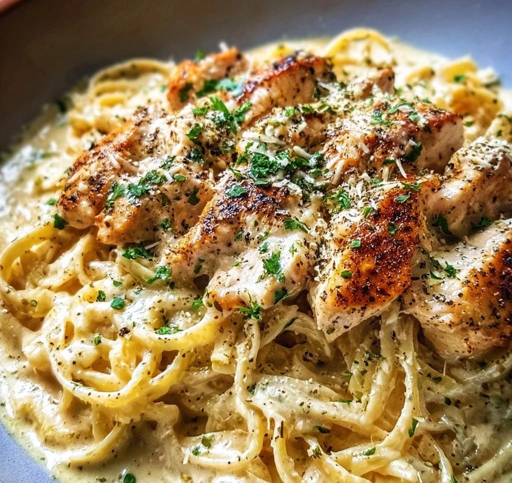 Creamy homemade Chicken Alfredo served with fettuccine pasta and fresh parsley.