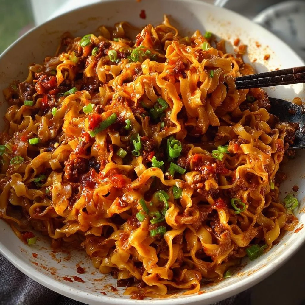 Bowl of homemade chili sauce served with noodles, showcasing vibrant flavors.