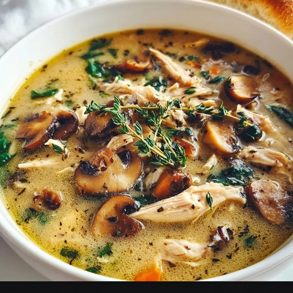 Bowl of homemade rotisserie chicken and mushroom soup garnished with herbs.