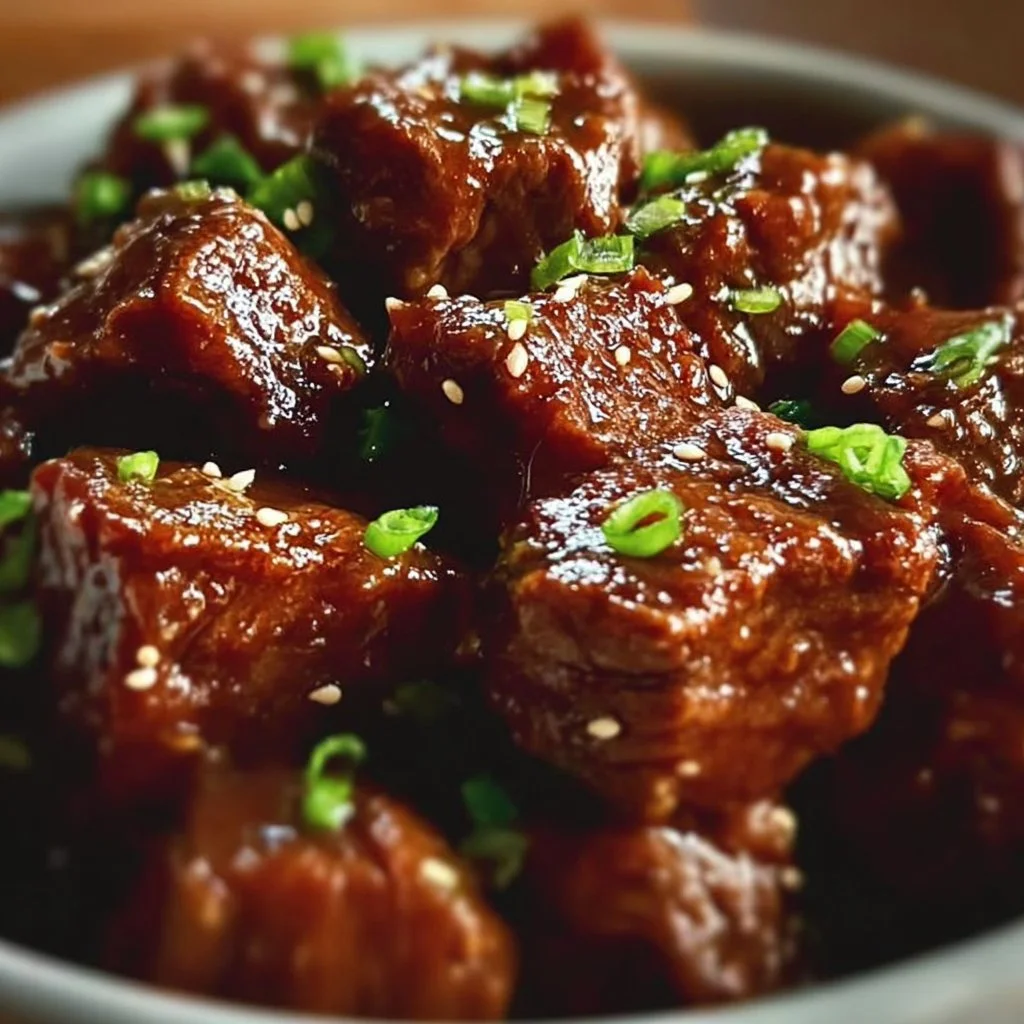 Slow cooker Honey Garlic Beef cubes served with vegetables