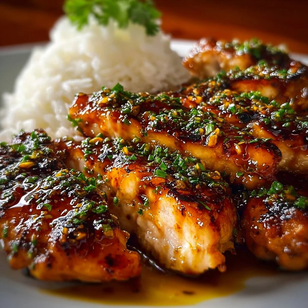 A plate of Honey Garlic Chicken Breasts served with vegetables
