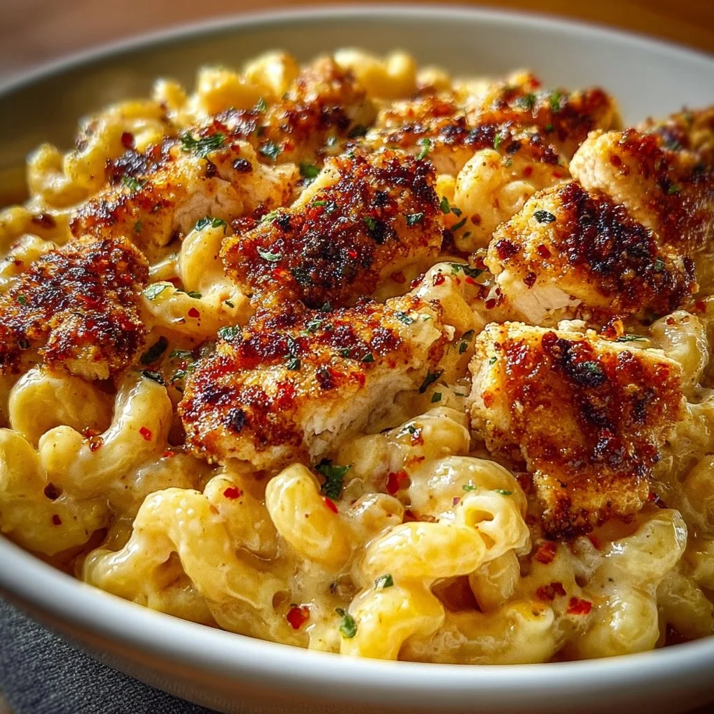 Honey Pepper Chicken Mac and Cheese topped with herbs and spices.