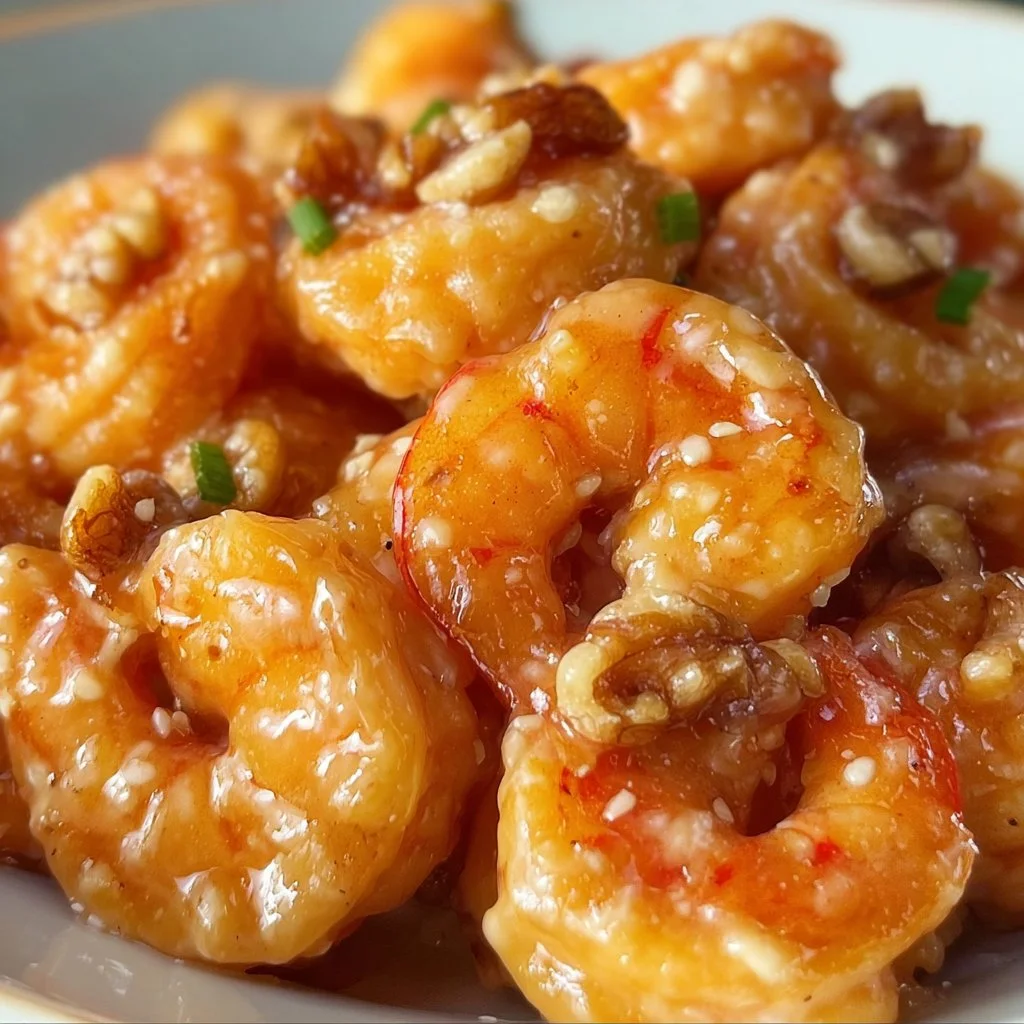 Plate of honey walnut shrimp garnished with walnuts and sauce