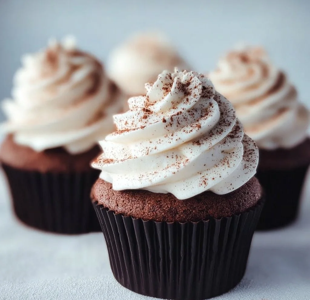 Delicious hot chocolate cupcakes with whipped cream frosting and chocolate sprinkles.