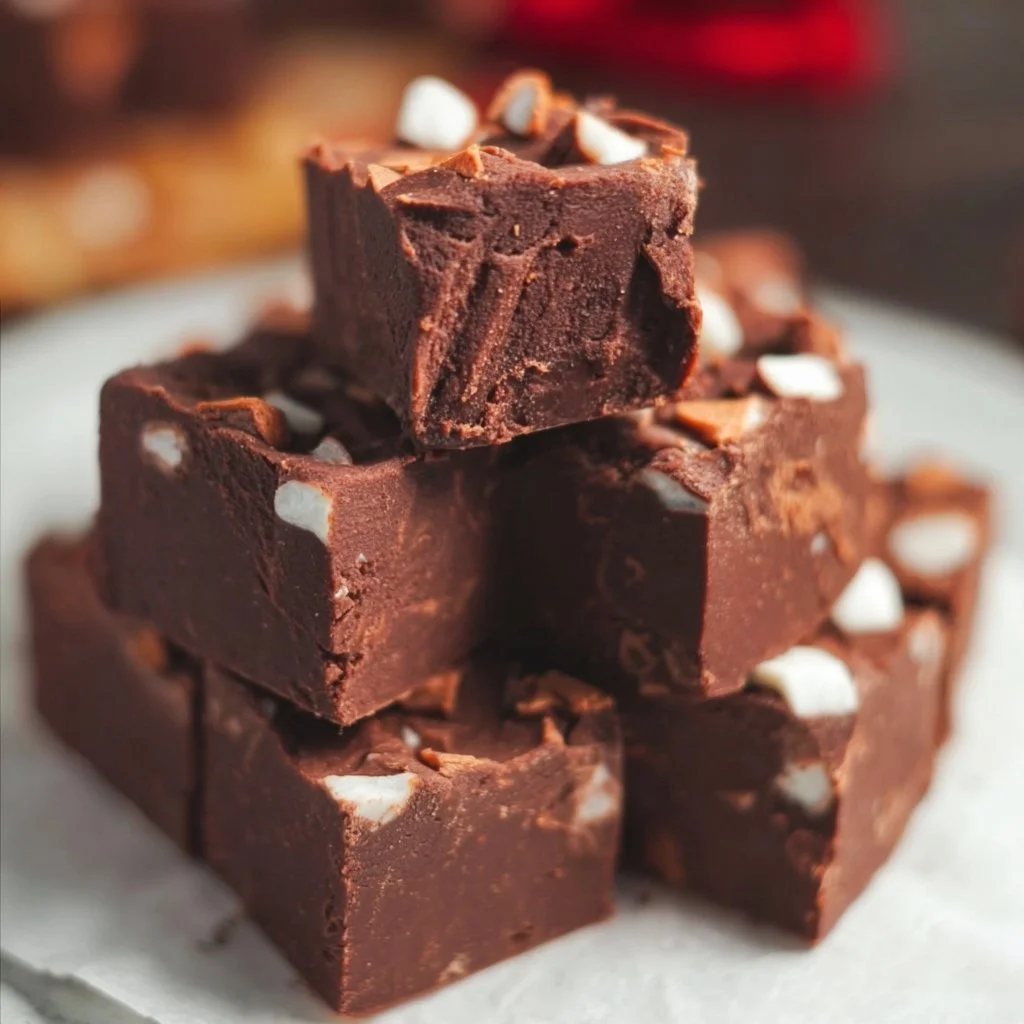 Delicious hot chocolate fudge topped with marshmallows and chocolate drizzle