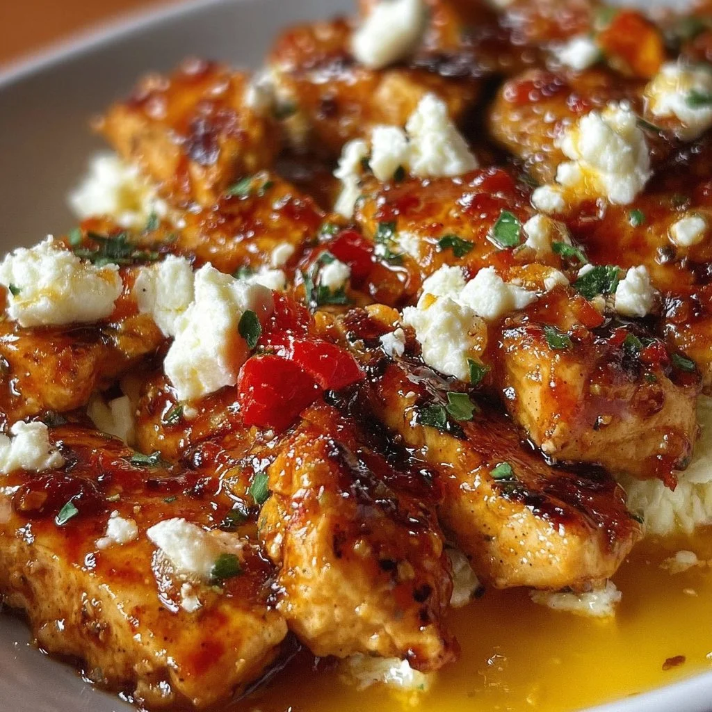 Plate of Hot Honey Feta Chicken garnished with herbs and served with sides