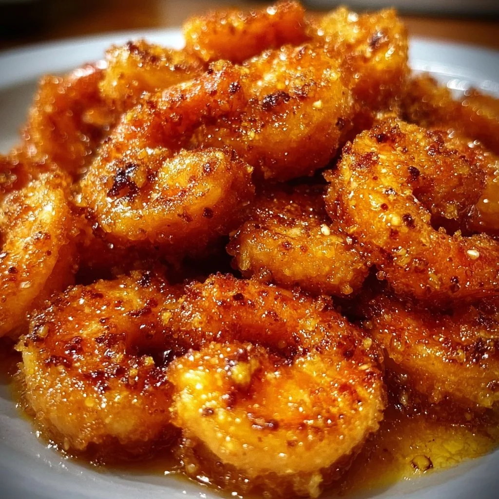 Plate of hot honey fried shrimp served with dipping sauce
