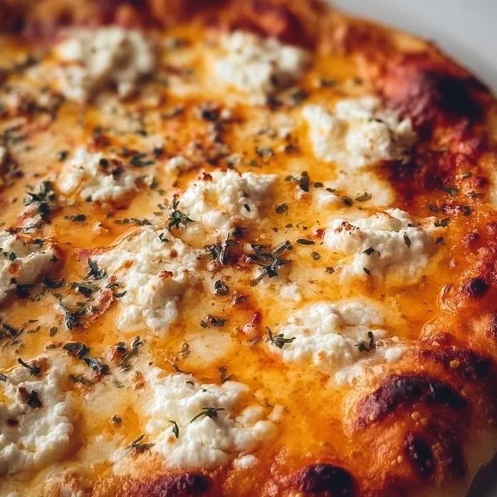 Delicious hot honey ricotta pizza topped with drizzled honey and fresh herbs.