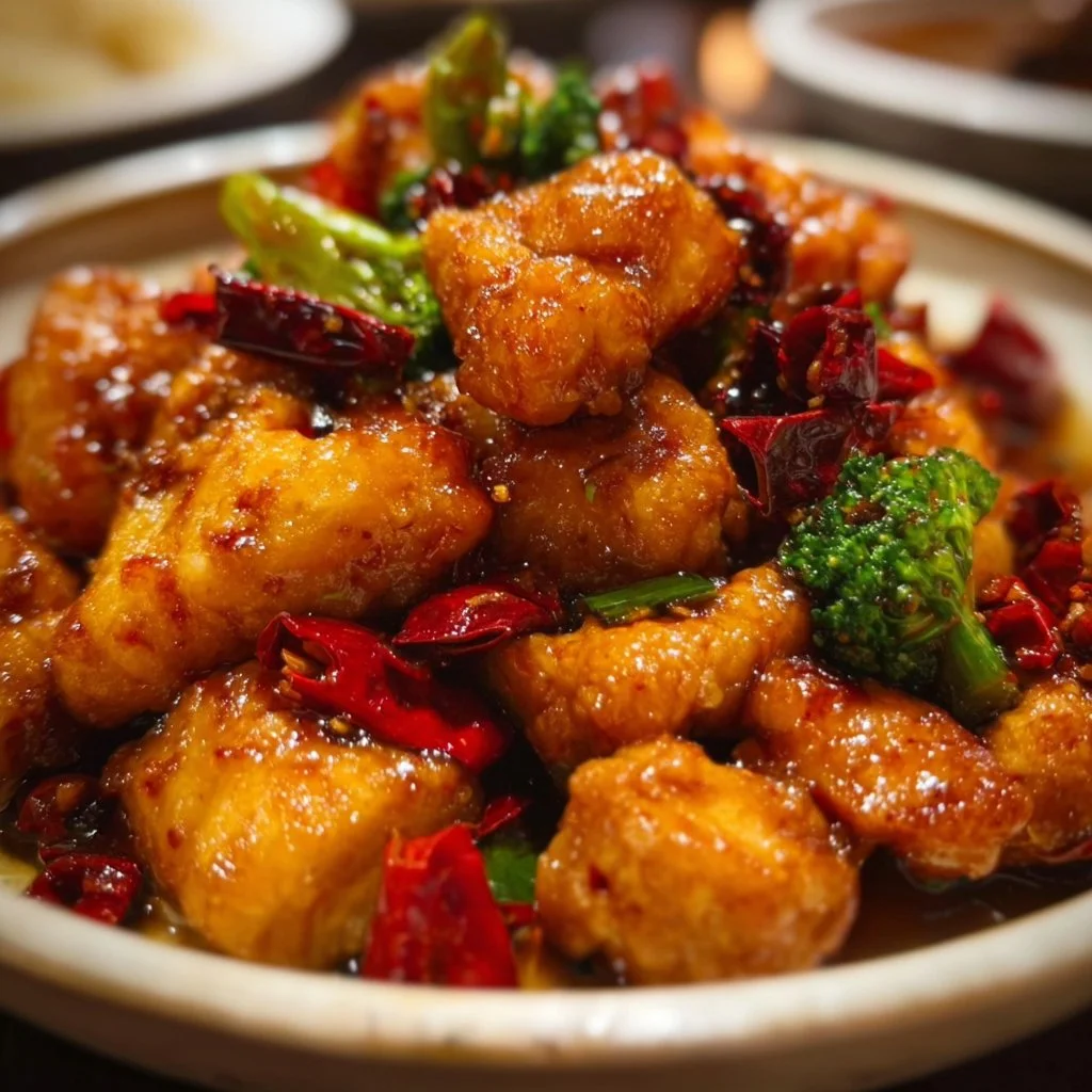 Delicious Hunan Chicken served with vibrant spices and vegetables.