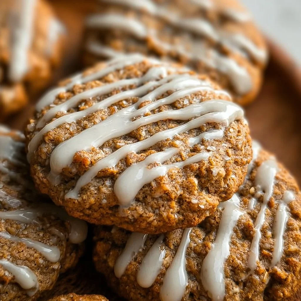 Iced gingerbread oatmeal cookies decorated with icing on a festive plate
