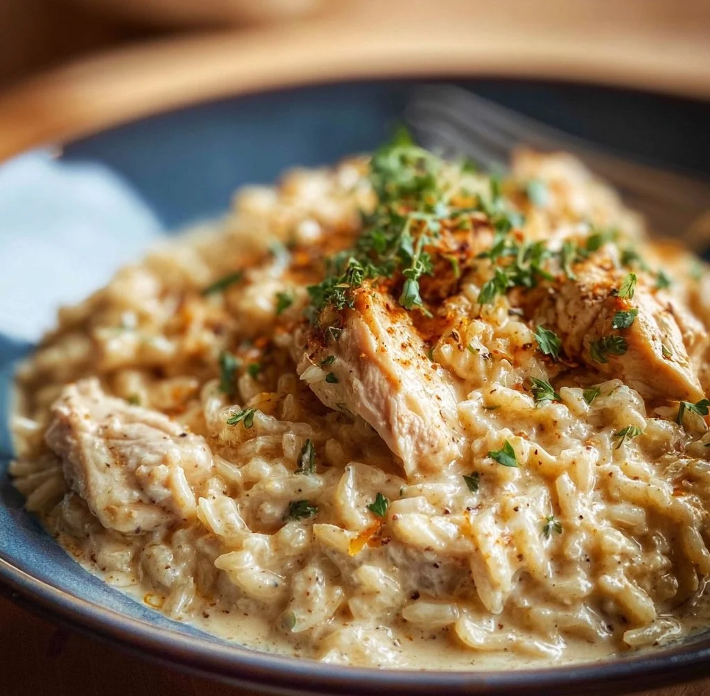 Instant Pot creamy chicken and rice dish served in a bowl