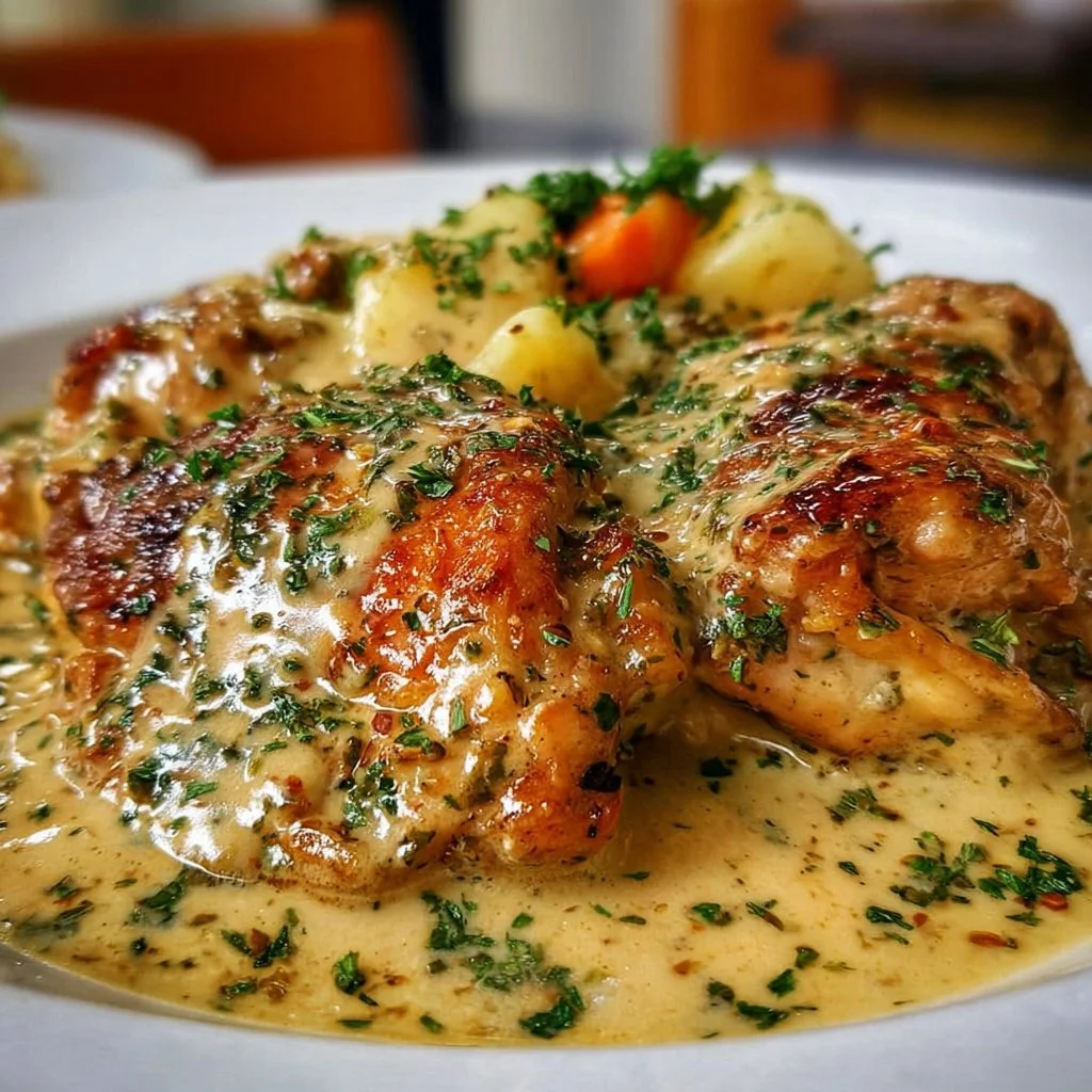 Irish chicken cooked in whiskey cream sauce served in a rustic setting.