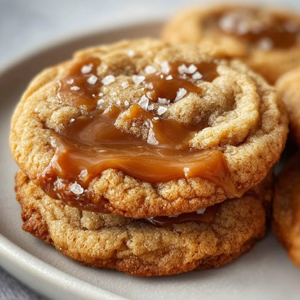 Delicious and easy homemade salted caramel cookies on a baking sheet.