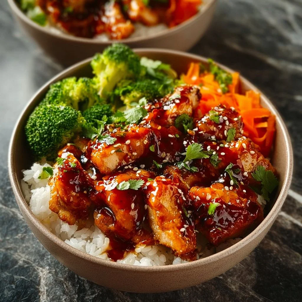 Delicious and healthy sticky chicken bowls garnished with fresh vegetables