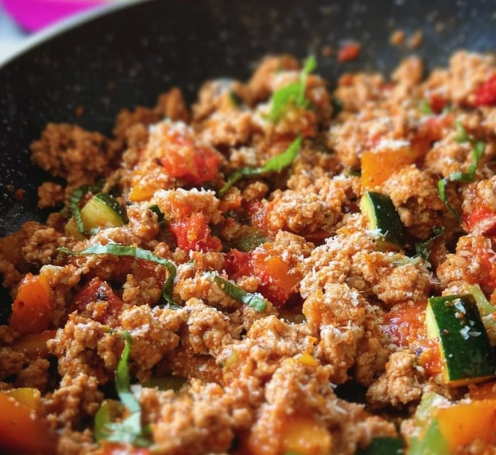Italian Ground Turkey Skillet in a colorful cast-iron pan.