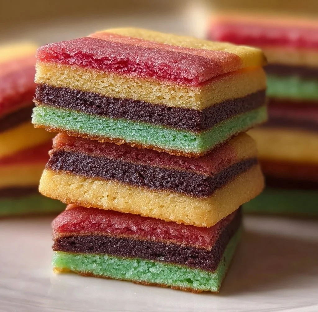 Italian rainbow cookies with colorful layers and almond flavor