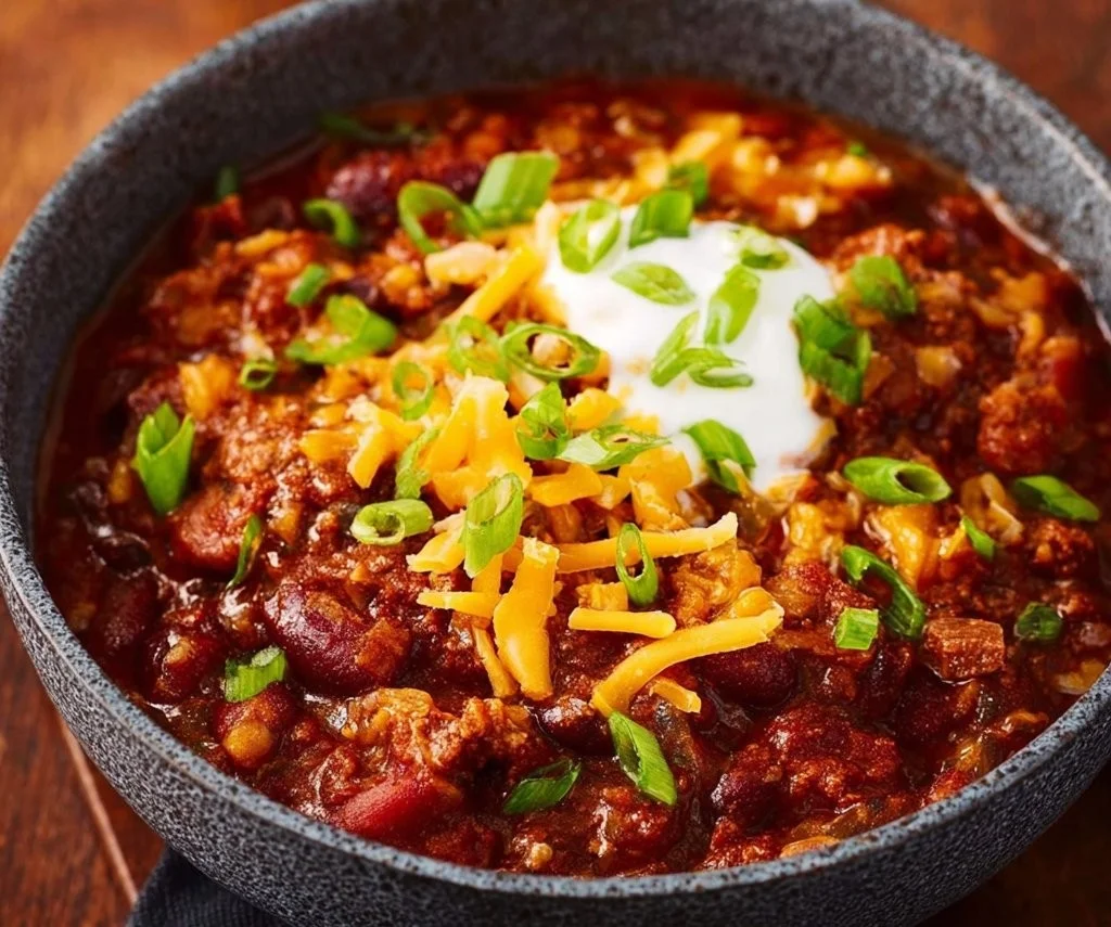 Bowl of delicious Italian Sausage Chili garnished with herbs and spices