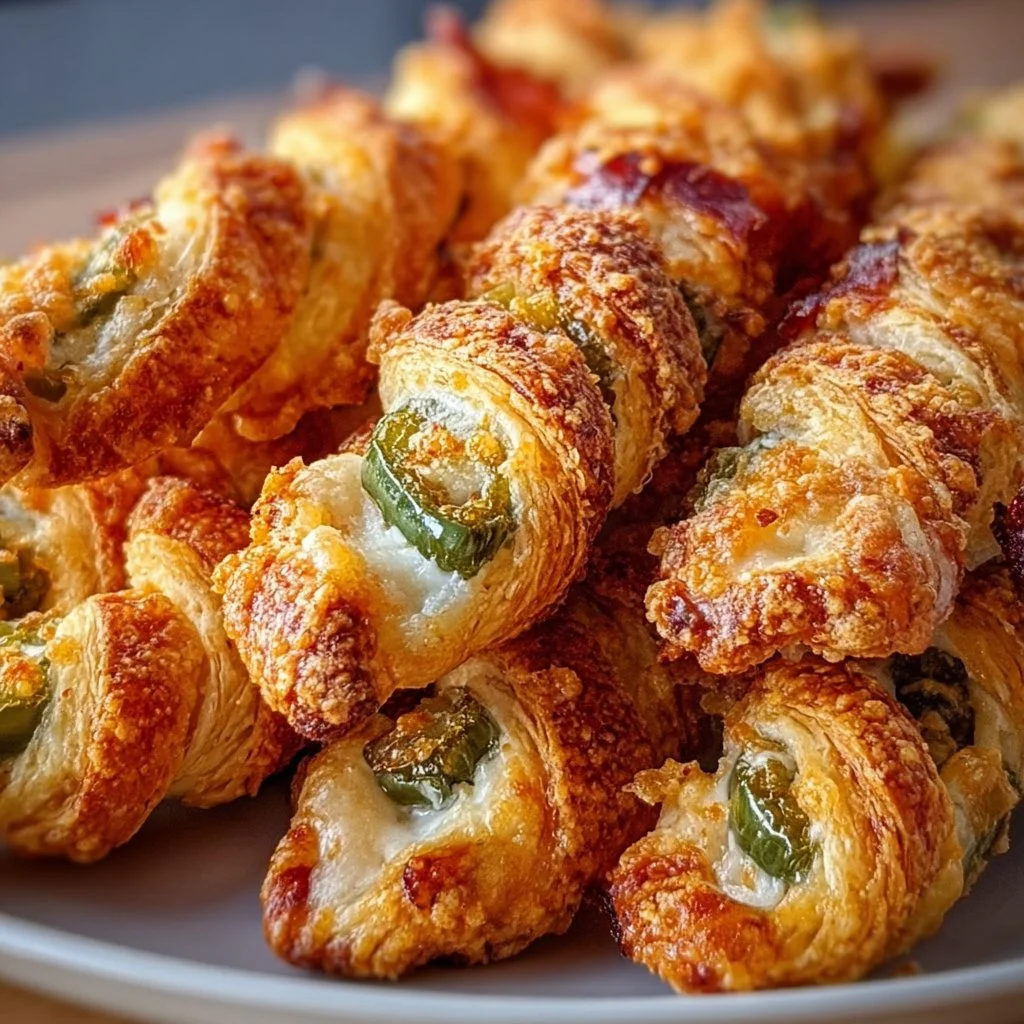 Delicious jalapeno popper twists with cheese and bacon on a platter