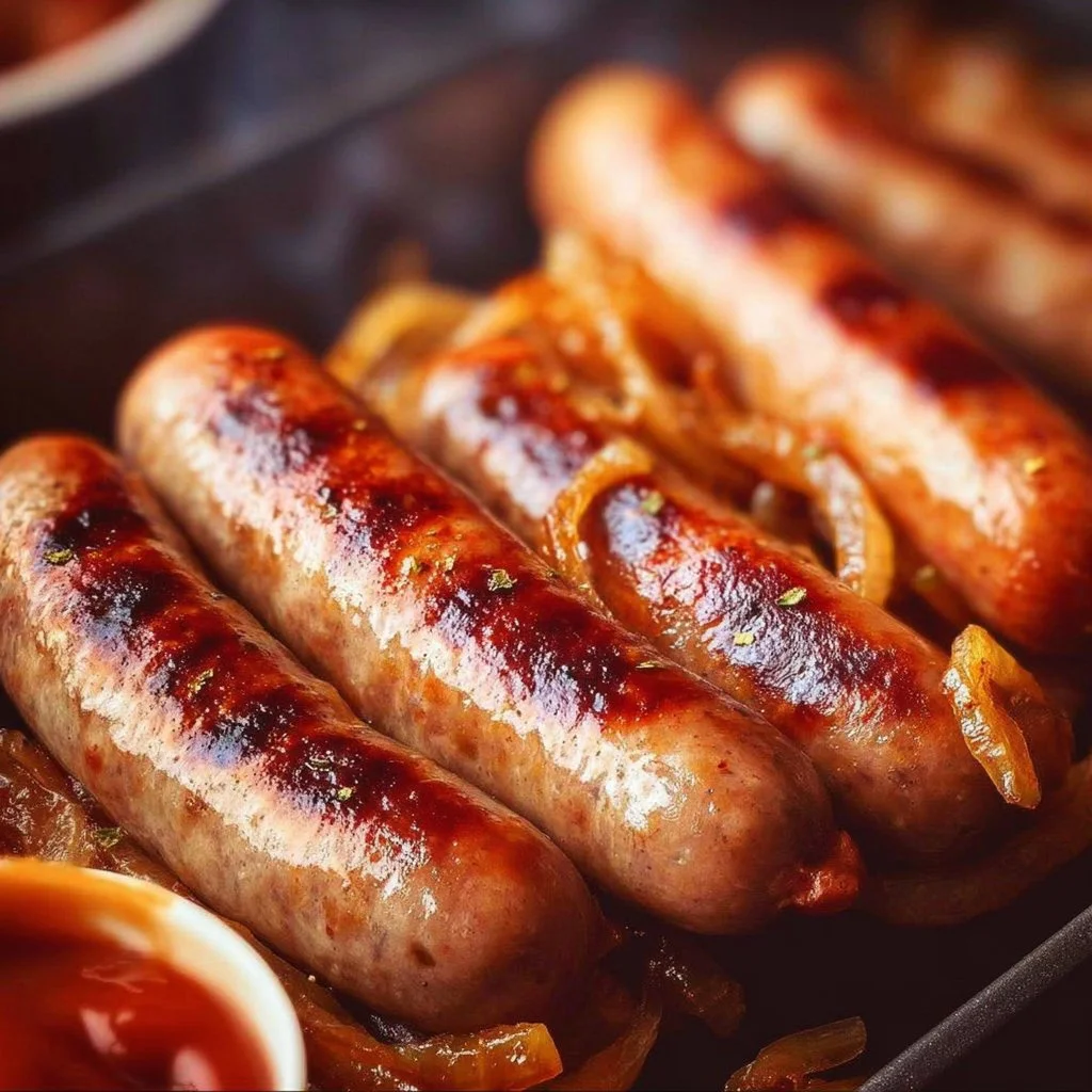 Delicious juicy brats cooked in an air fryer for a perfect meal.
