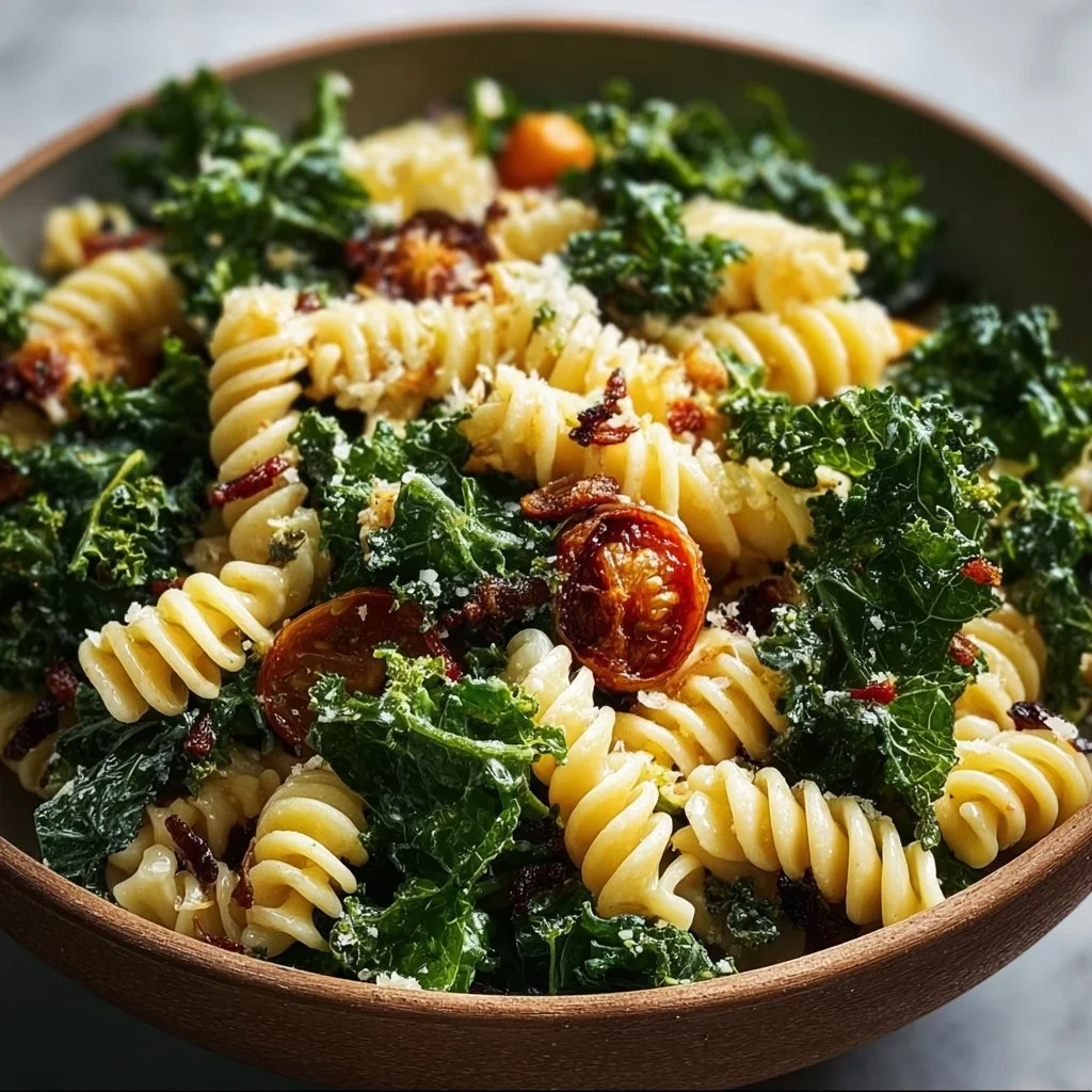 Delicious Kale Caesar Pasta Salad with creamy dressing and crunchy toppings