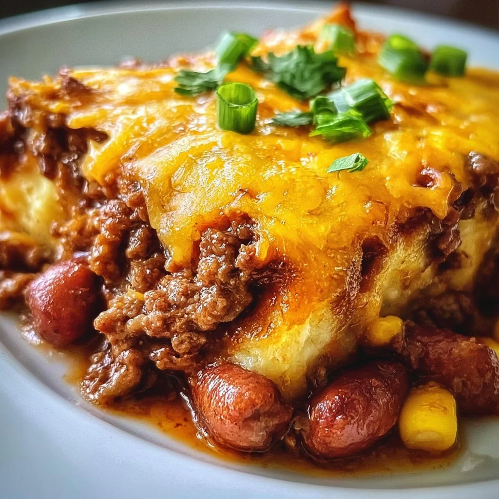 Delicious Keto Chili Dog Casserole topped with cheese and jalapeños.