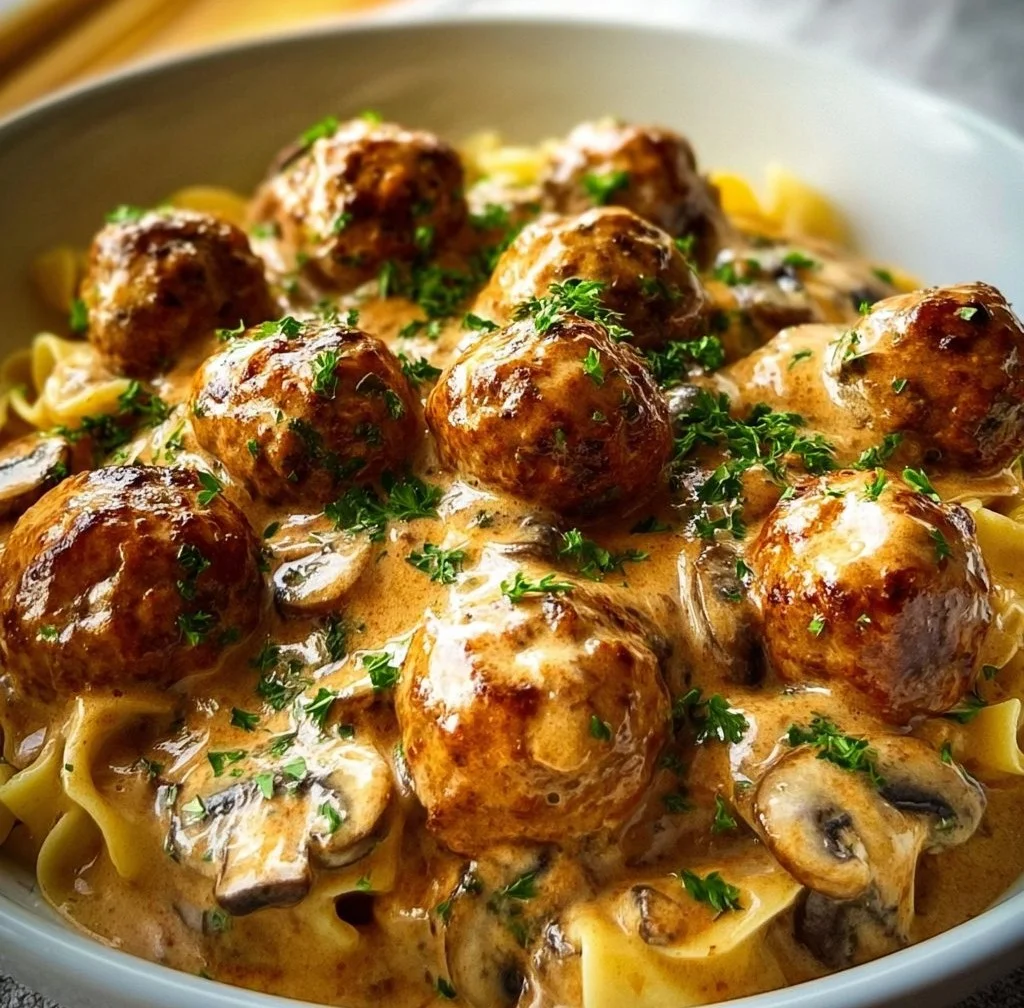 Delicious Keto Meatball Stroganoff served on a plate with herbs