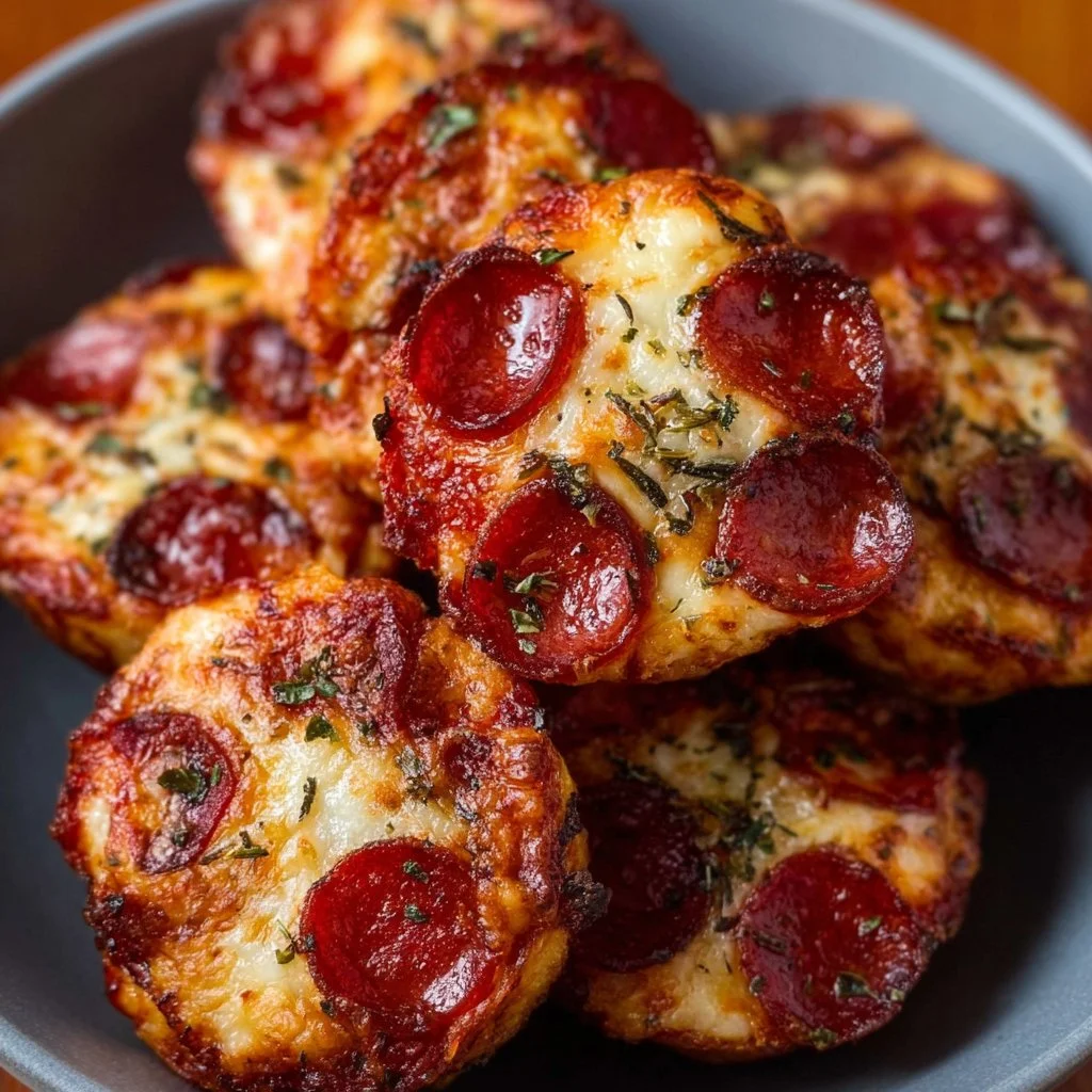 Keto pepperoni pizza bites ready to serve on a plate