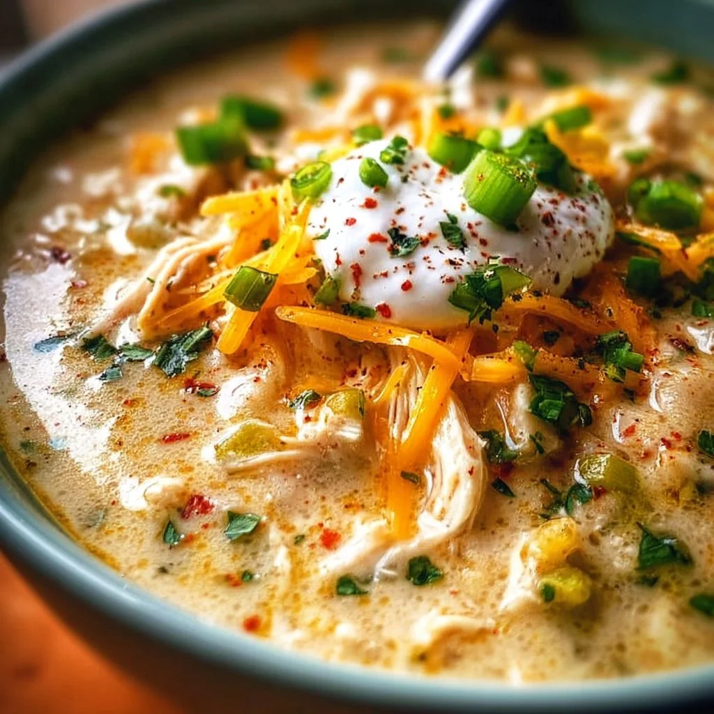 A bowl of Keto White Chicken Chili topped with cilantro and avocado slices.