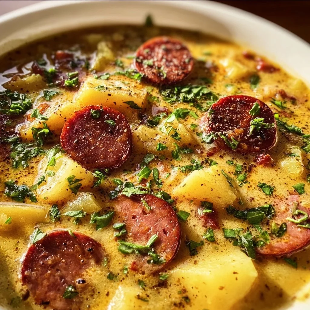 Bowl of creamy Kielbasa Potato Soup garnished with herbs and seasonings.