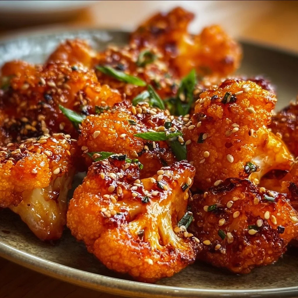 Plate of Korean Baked Cauliflower garnished with sesame seeds and green onions